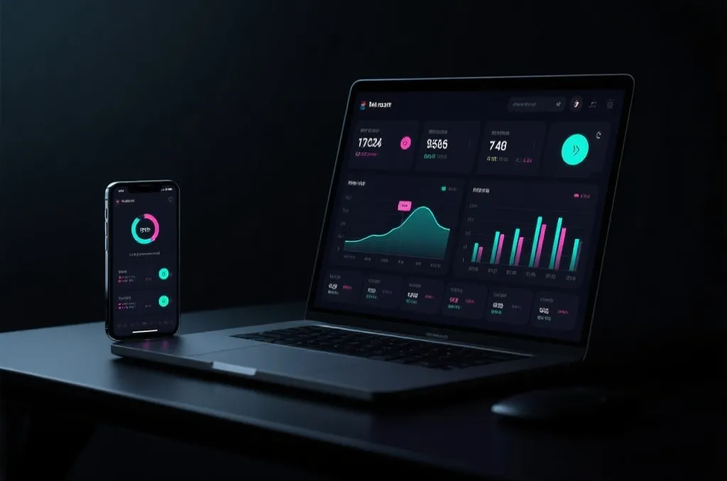 A modern laptop and a smartphone displaying a sleek, clean, modern dark-themed user interface with sports statistics charts, high-tech neon details, minimalist setup, cinematic lighting